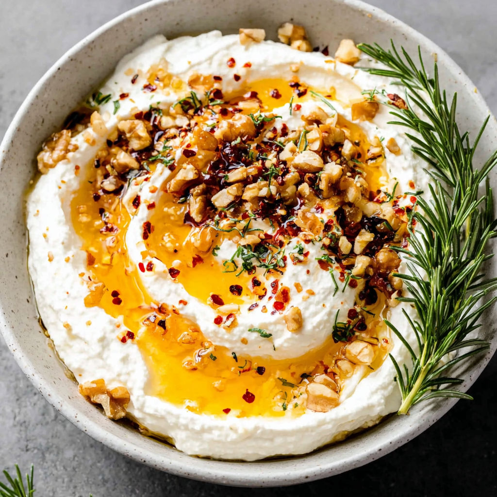 A bowl of spicy ricotta dip with hot honey.