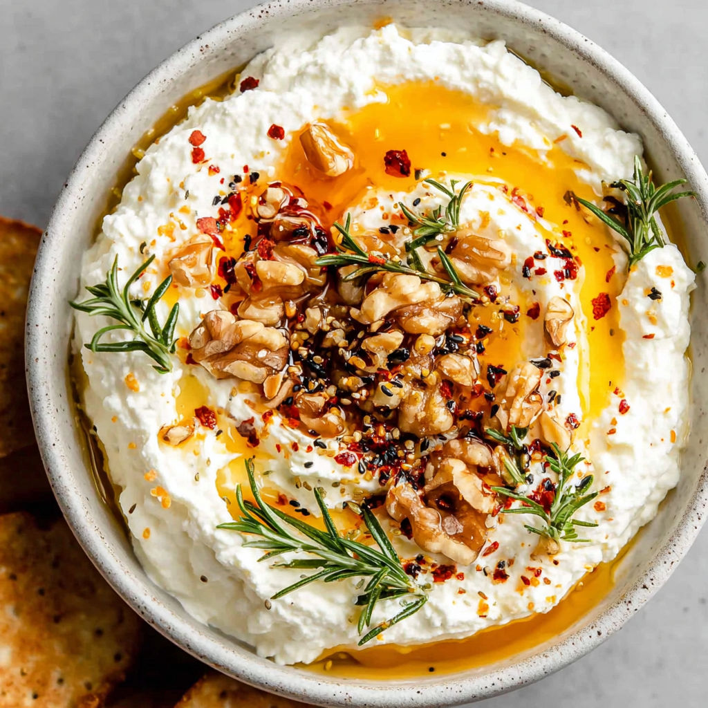 A bowl of spicy ricotta dip with hot honey.