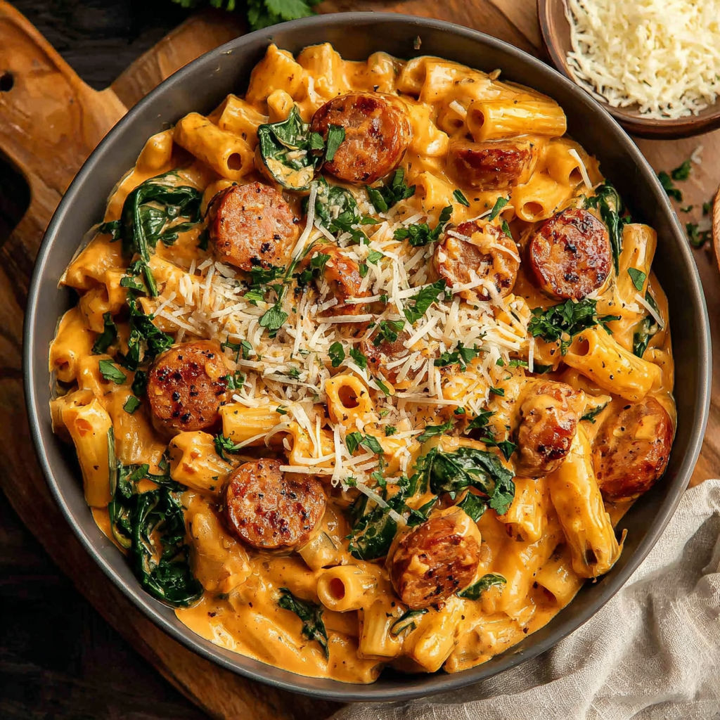 A bowl of pasta with sausage and cheese.