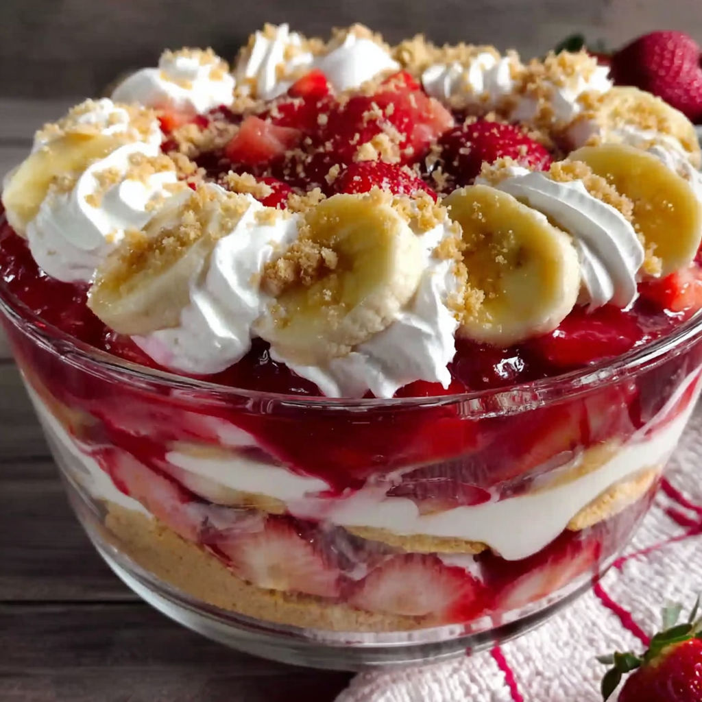A close up of a dessert with bananas and strawberries.
