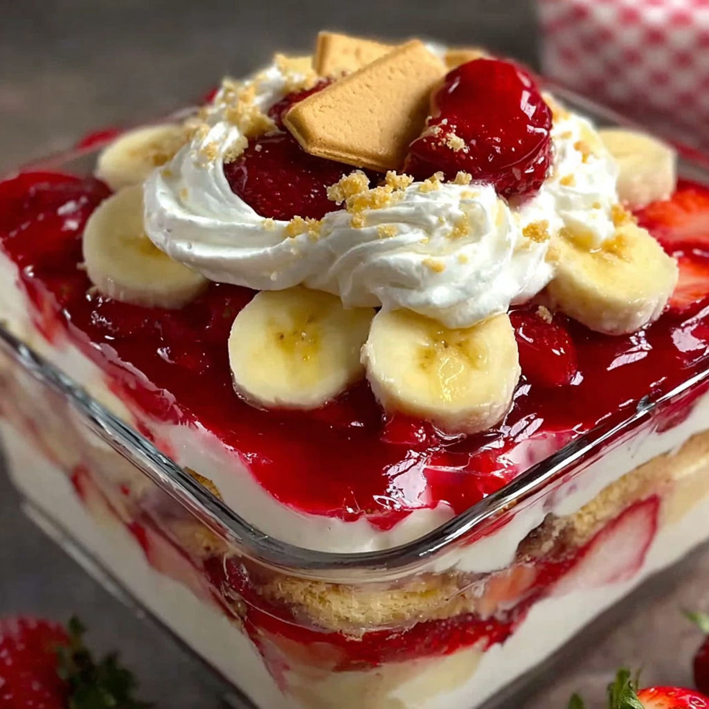 A dessert with bananas and strawberries.
