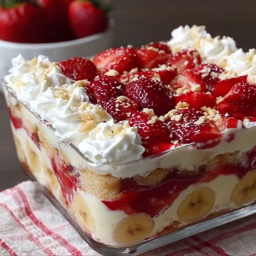 A dessert with bananas and strawberries.