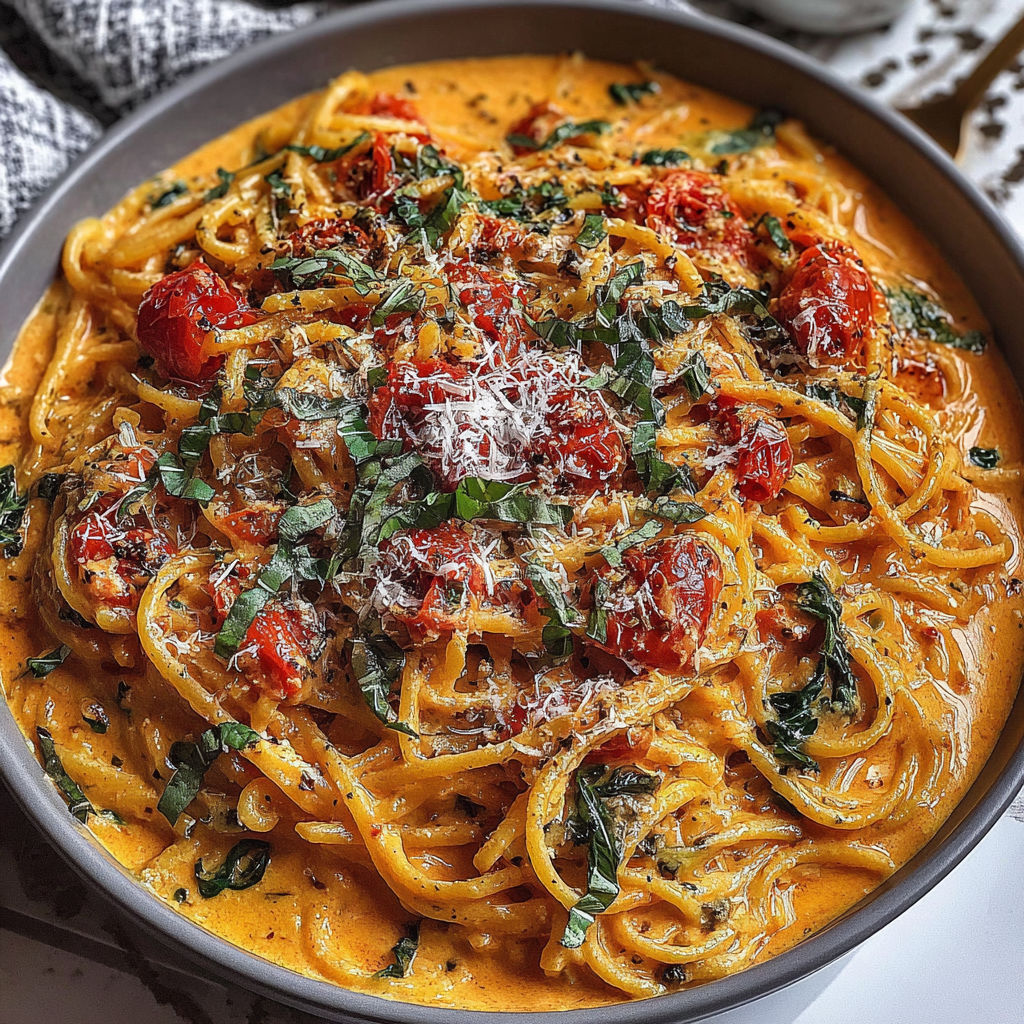 A bowl of creamy tomato garlic pasta.