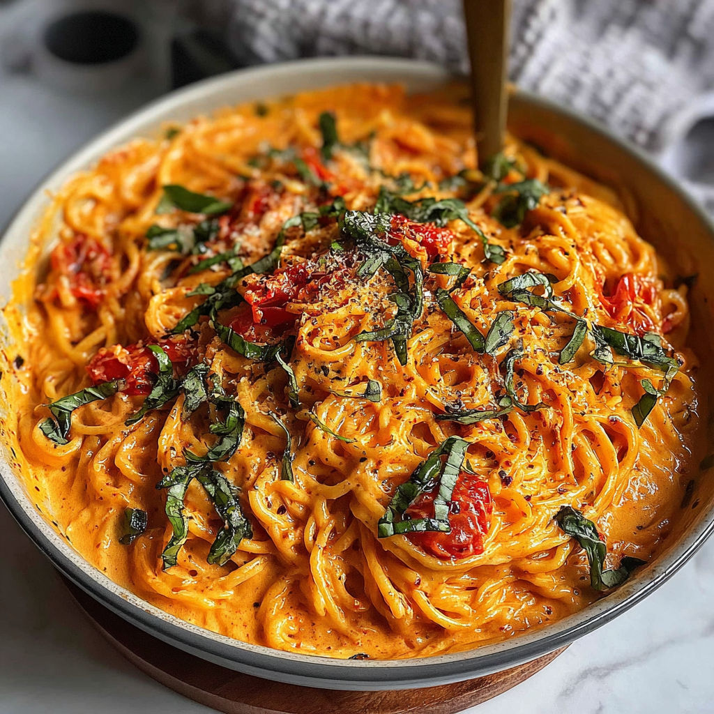 A bowl of creamy tomato garlic pasta.