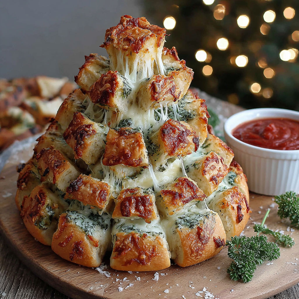 A cheesy bread tree is displayed on a wooden platter.