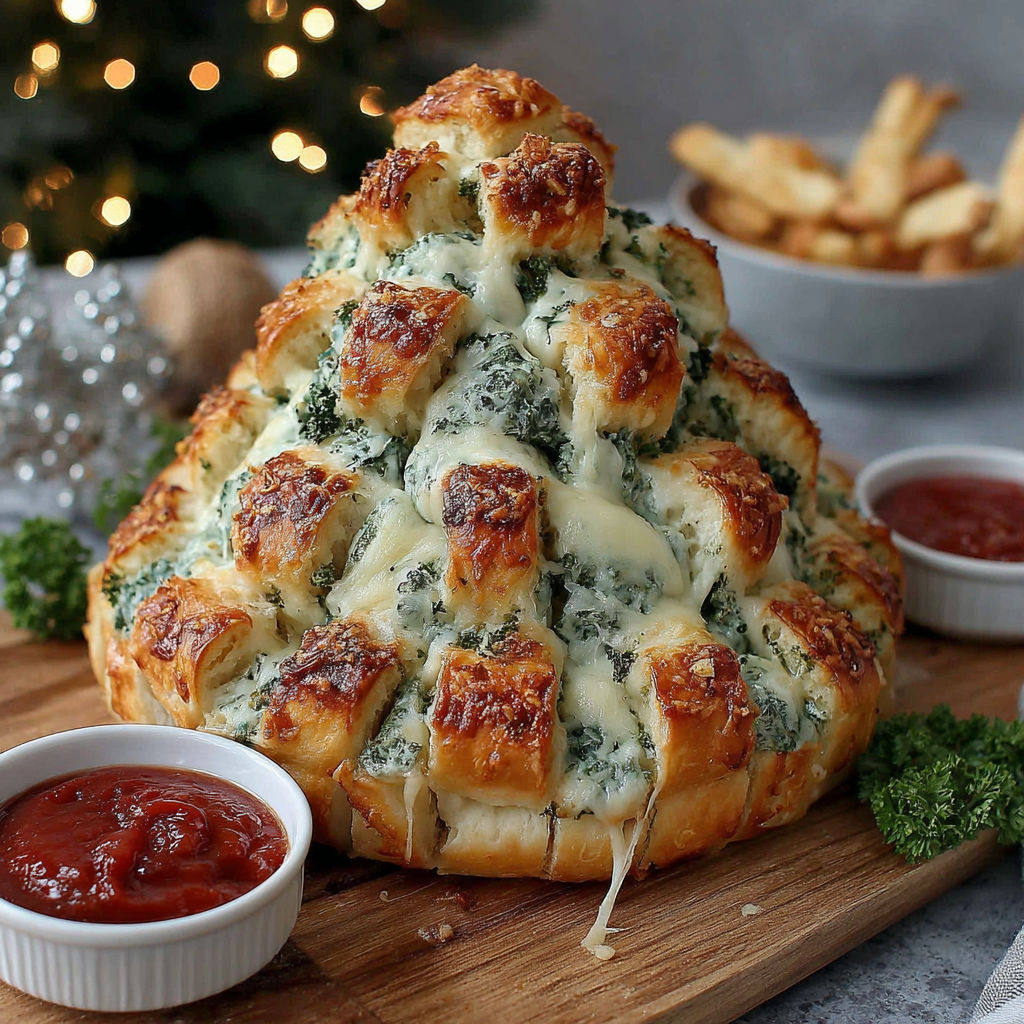 A cheesy bread tree with a bowl of sauce.