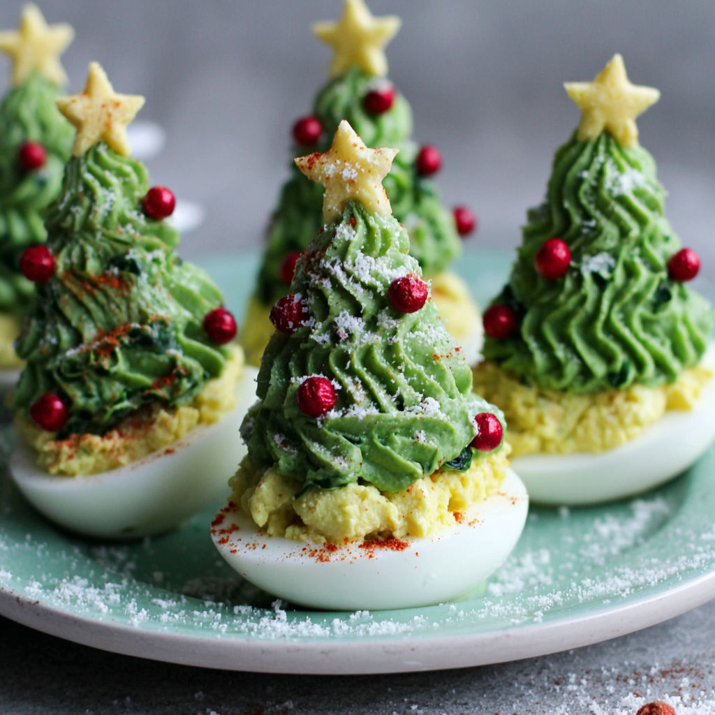 A plate of deviled eggs decorated to look like Christmas trees.