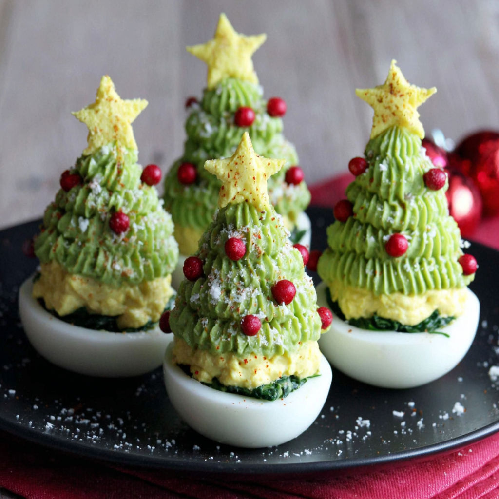 Three deviled egg Christmas trees on a plate.