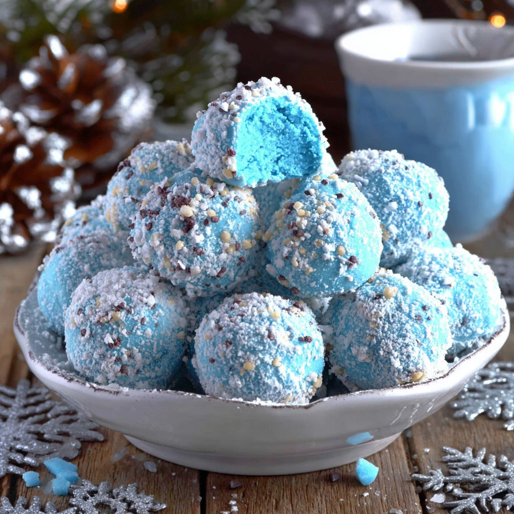 A bowl of blue Christmas truffles.