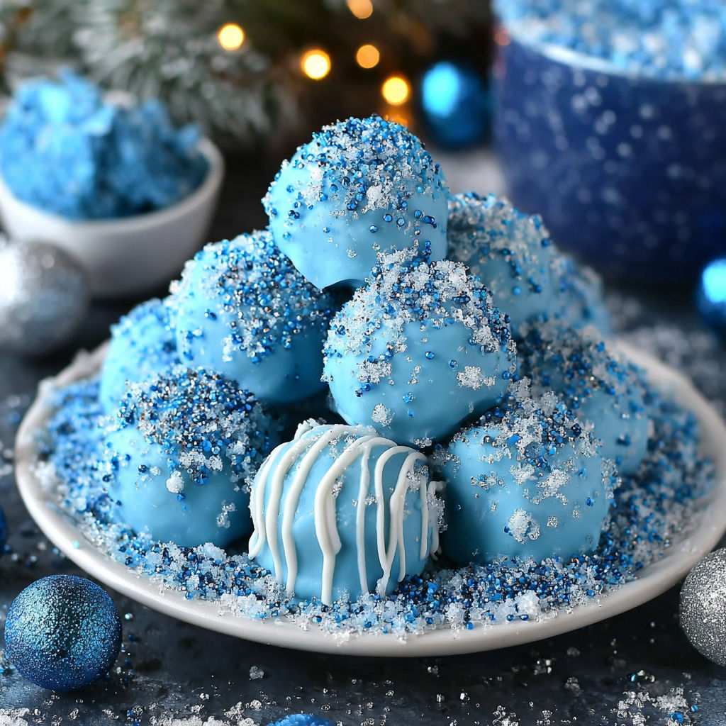 A plate of blue Christmas truffles.
