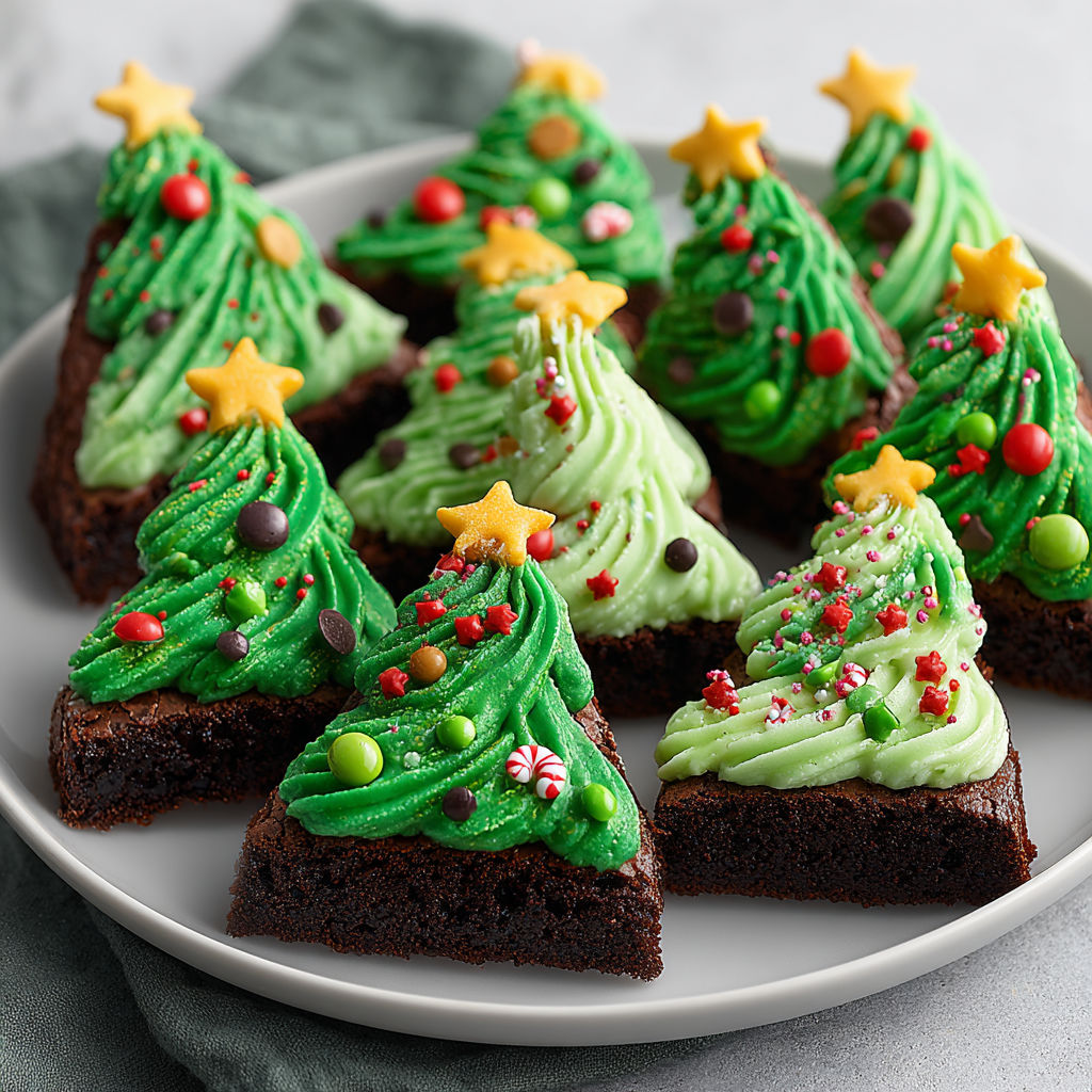 A plate of Christmas tree brownie bites.