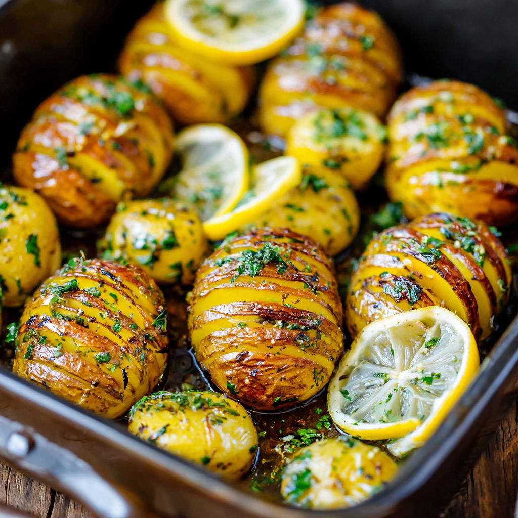 A pan of roasted potatoes with lemon and herbs.