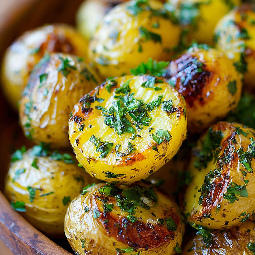 A bowl of roasted potatoes with herbs.