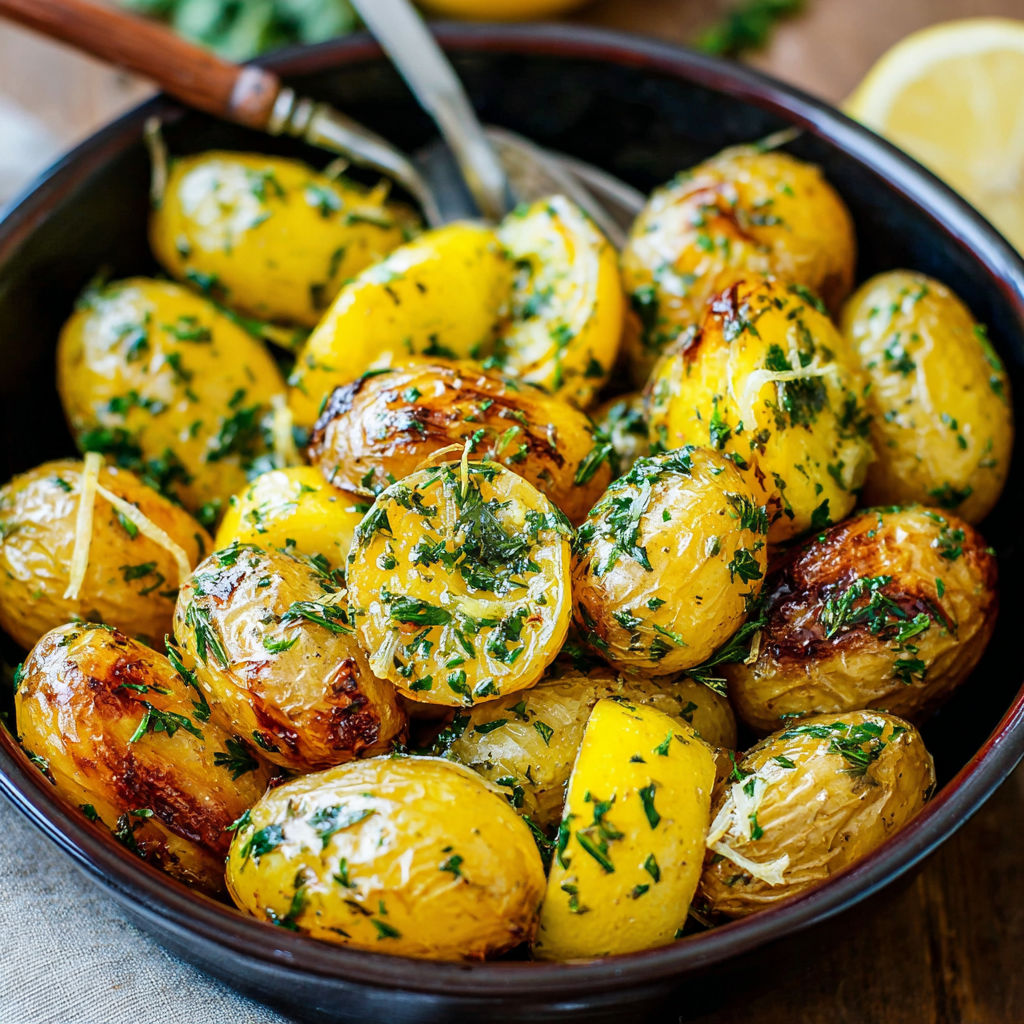 A bowl of roasted potatoes with herbs and lemon.