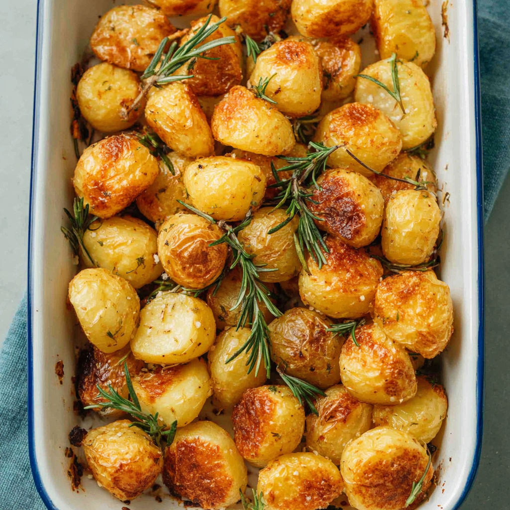A dish of roasted potatoes with rosemary.