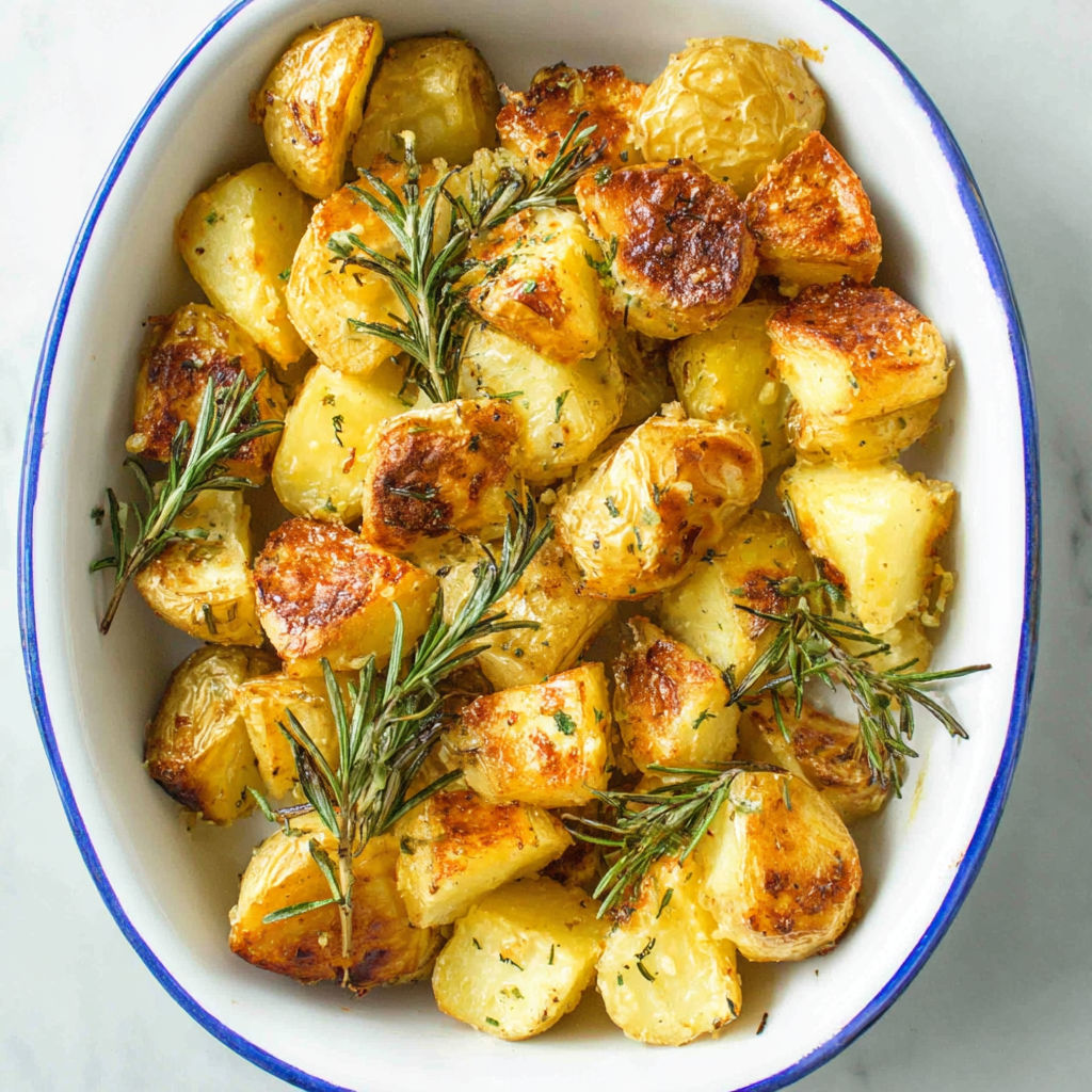 A bowl of roasted potatoes with rosemary.