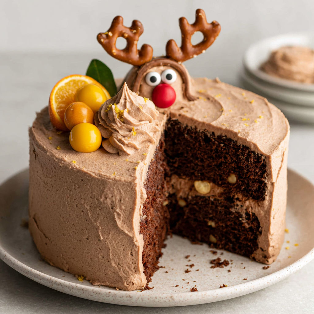 A slice of chocolate orange reindeer cake.