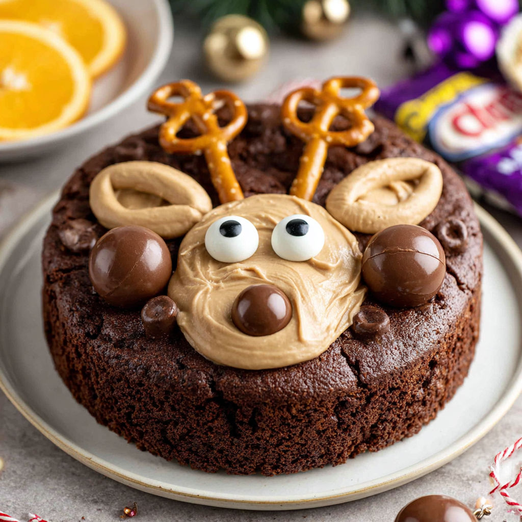 A chocolate cake with a face made of peanut butter and chocolate.
