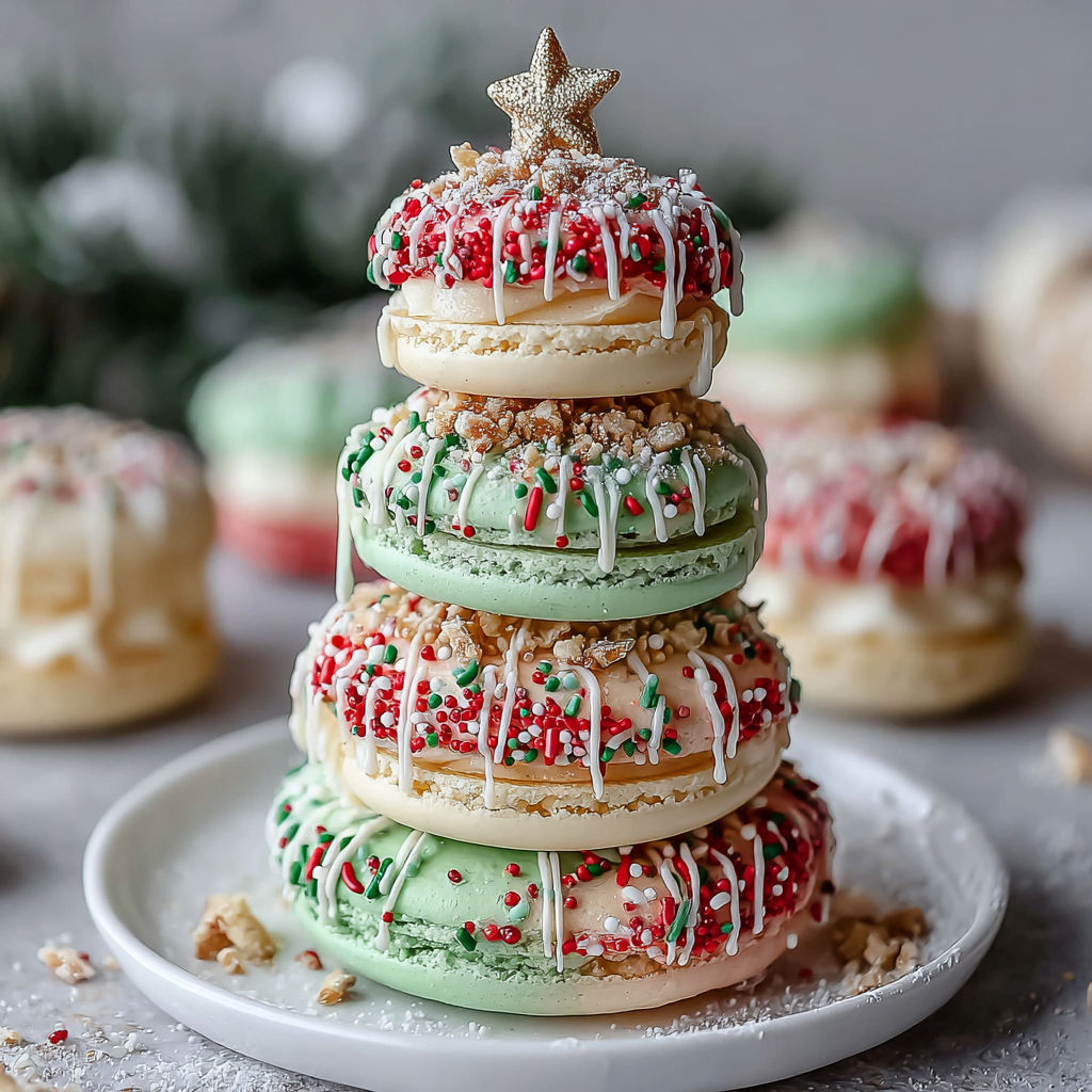 A stack of donuts with white frosting and sprinkles.