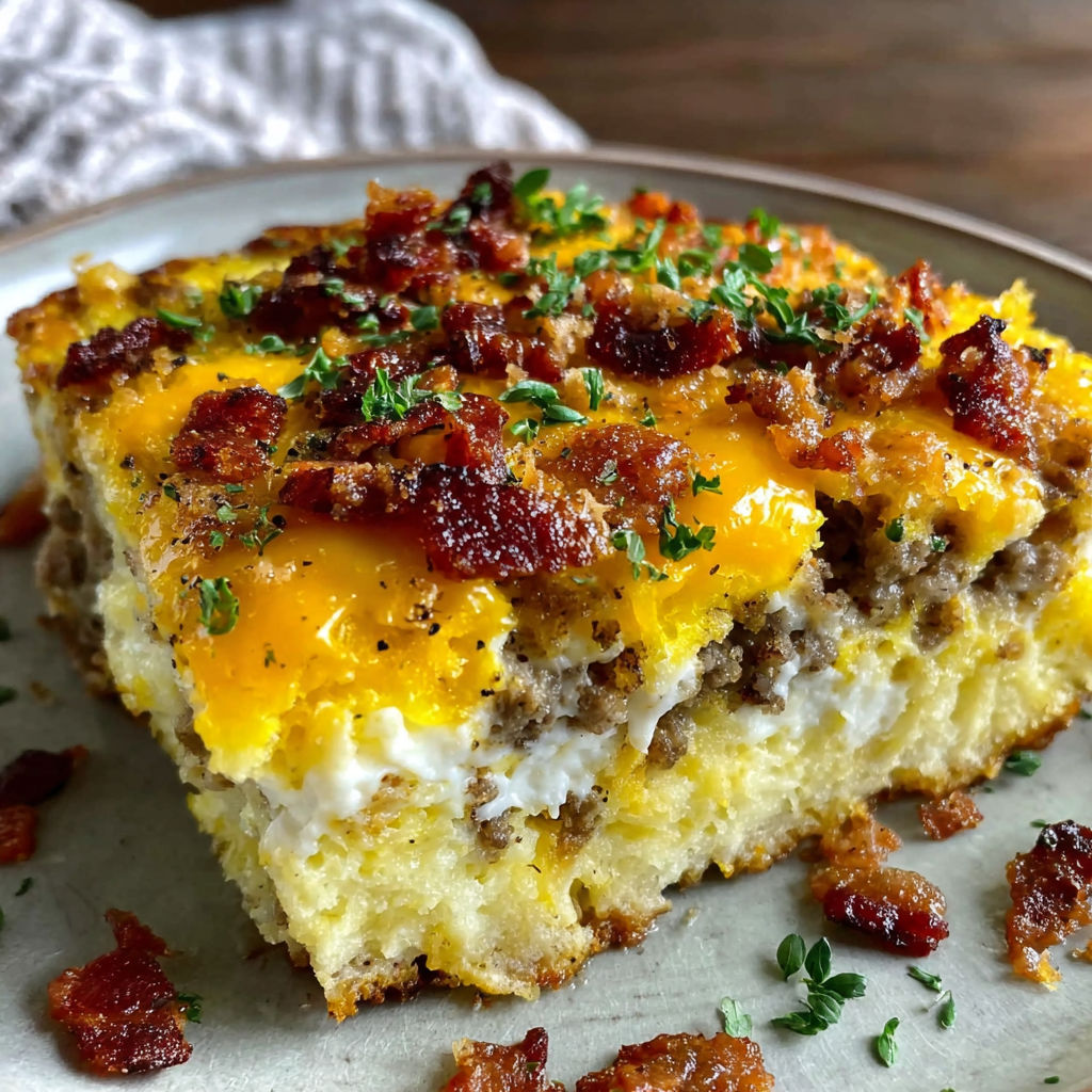 A slice of a breakfast casserole with bacon and cheese.