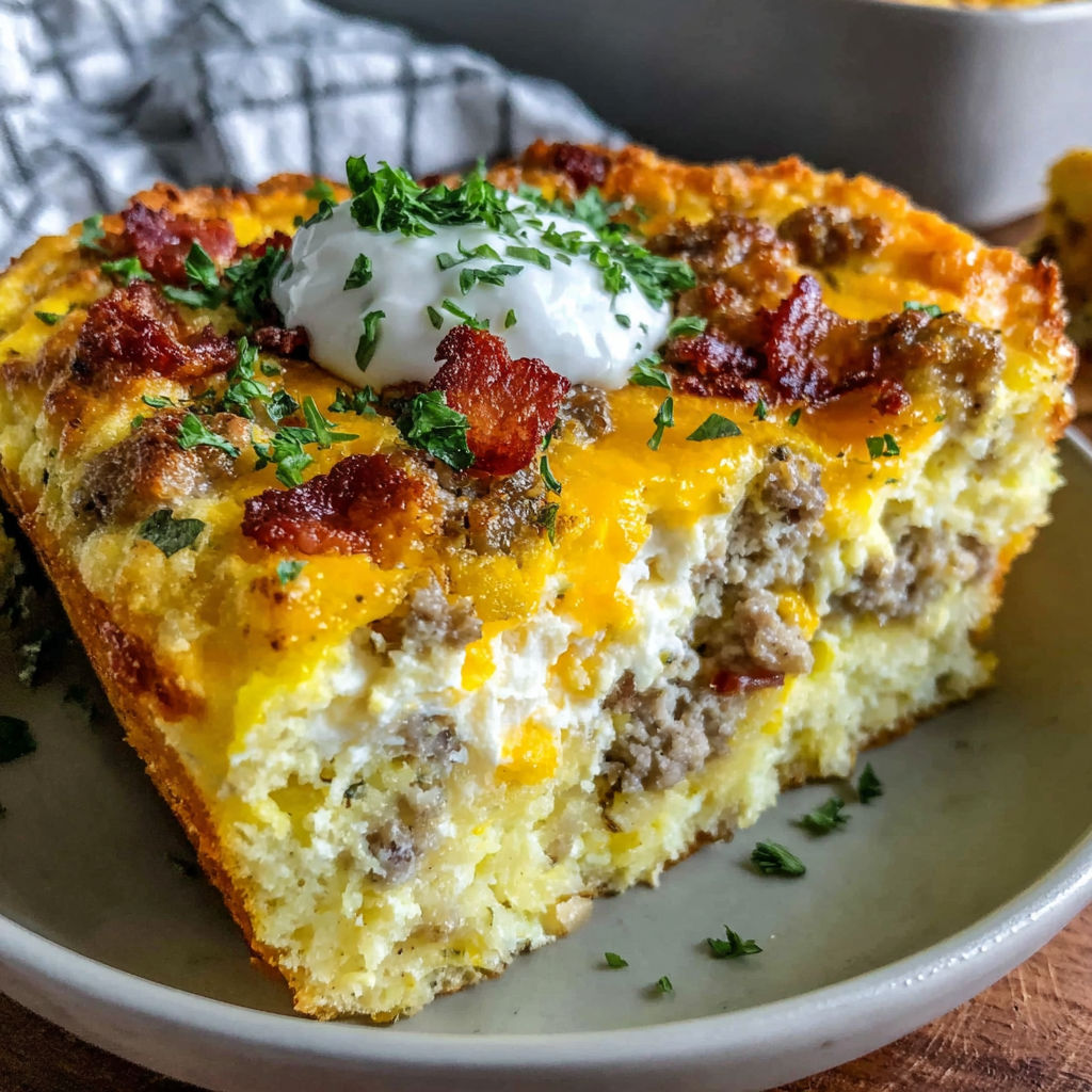 A slice of a breakfast casserole with bacon and cheese.