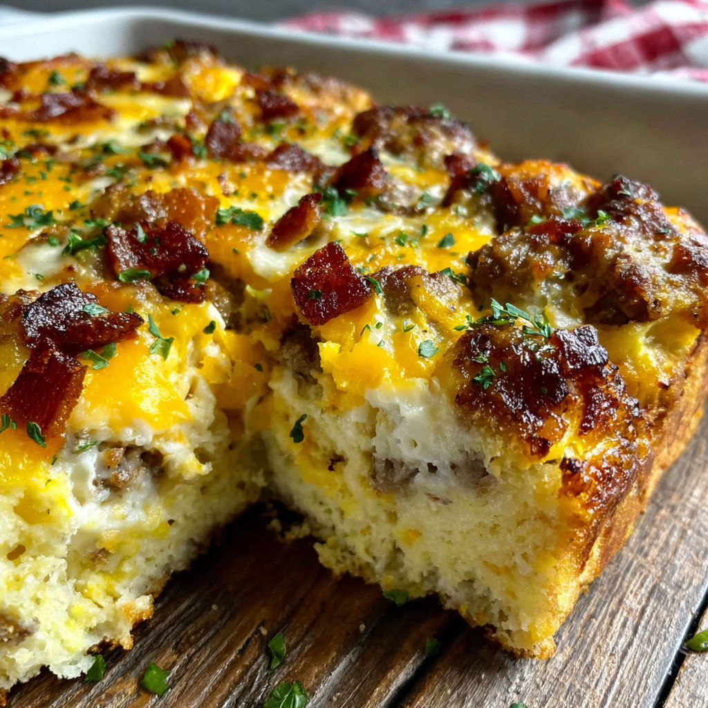 A slice of a breakfast casserole with bacon and cheese.