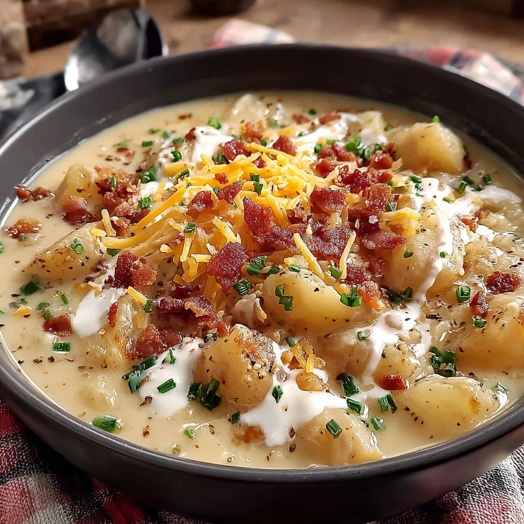 A bowl of soup with bacon and cheese.