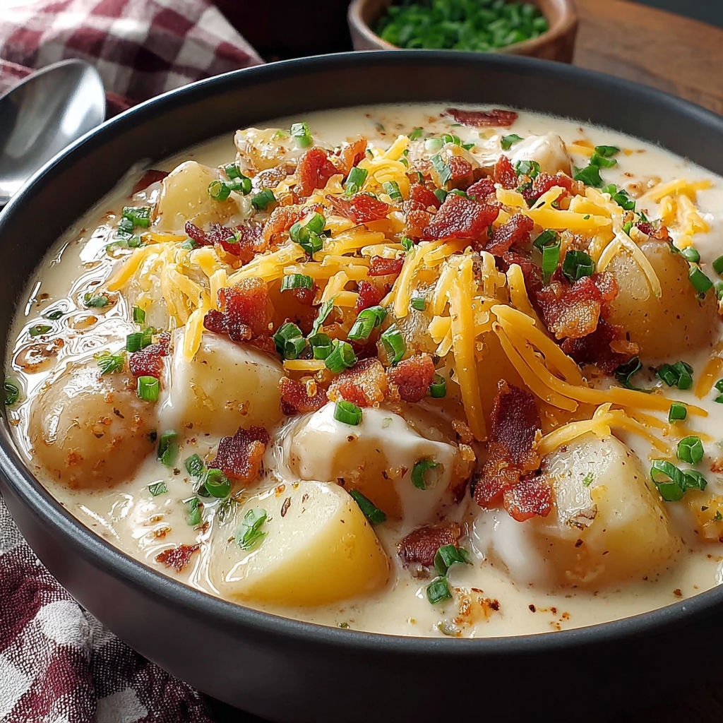 A bowl of soup with bacon and potatoes.