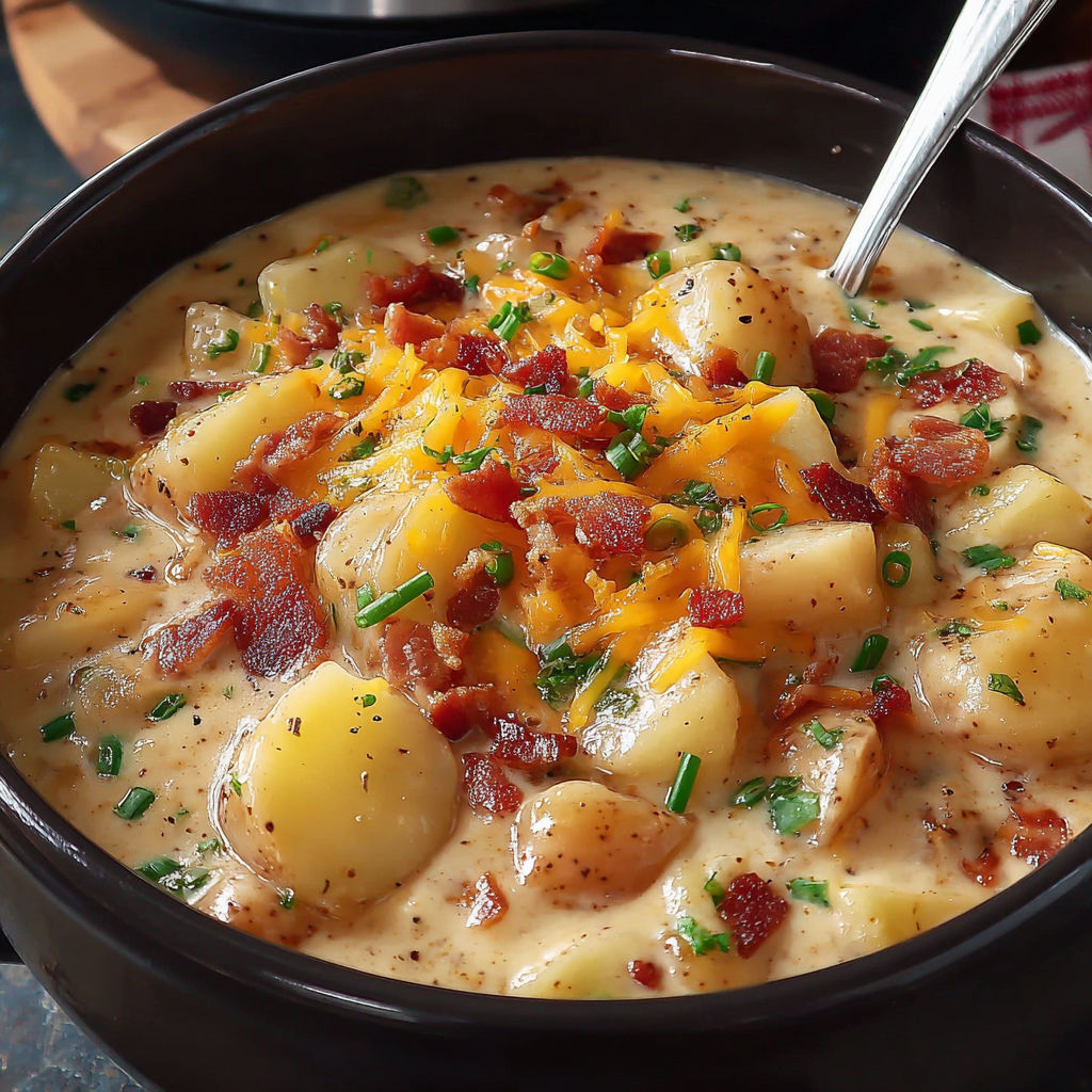 A bowl of soup with bacon and potatoes.
