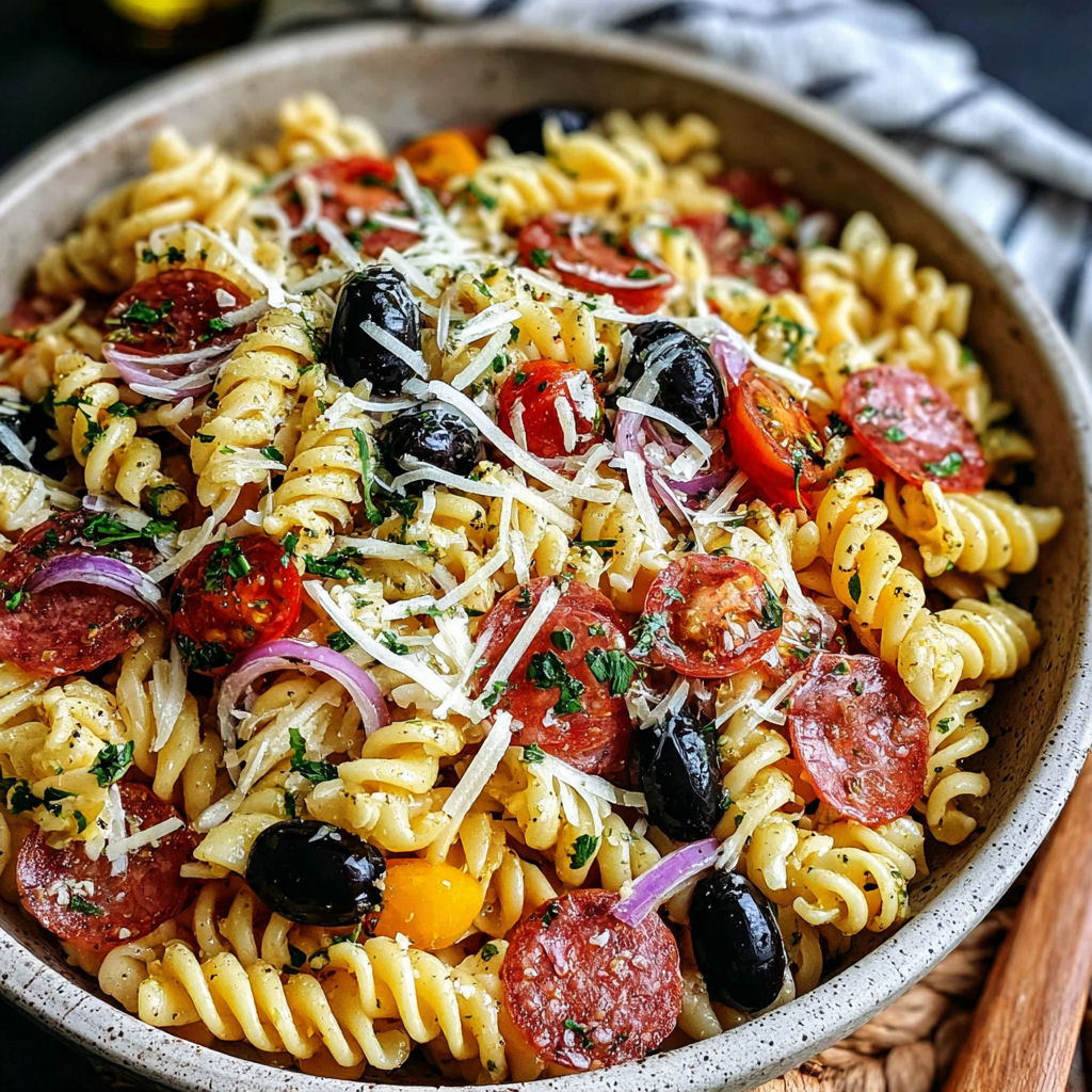 A bowl of pasta salad with tomatoes, olives, and peppers.