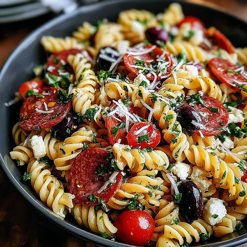 A bowl of pasta salad with tomatoes, olives, and basil.