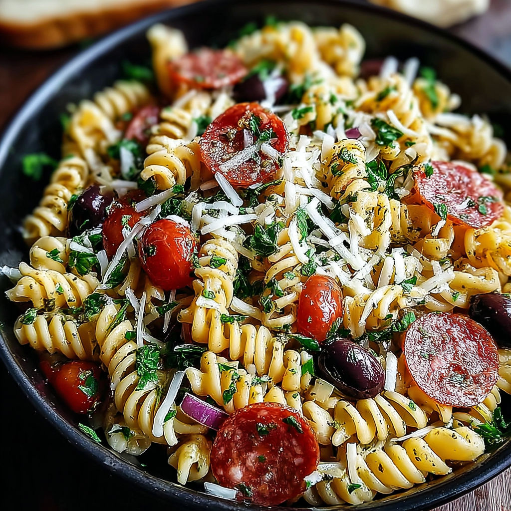 A bowl of zesty Italian pasta salad.