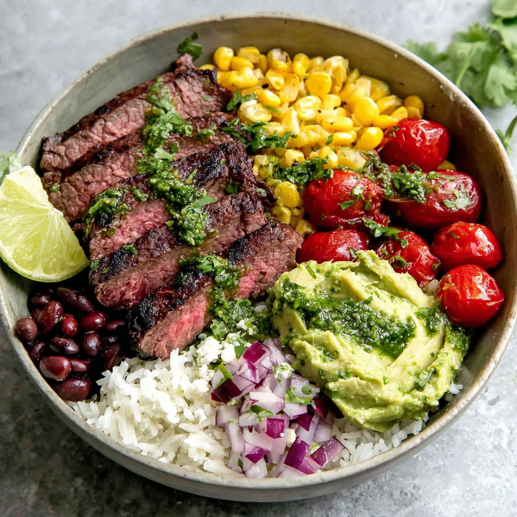 A bowl of food with meat, vegetables, and avocado.