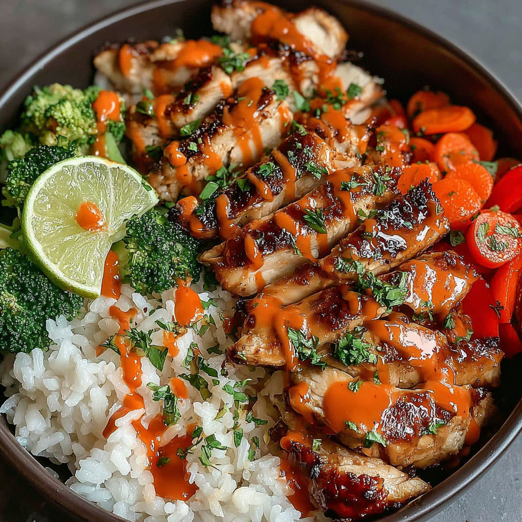A bowl of food with chicken, rice, broccoli, and carrots.