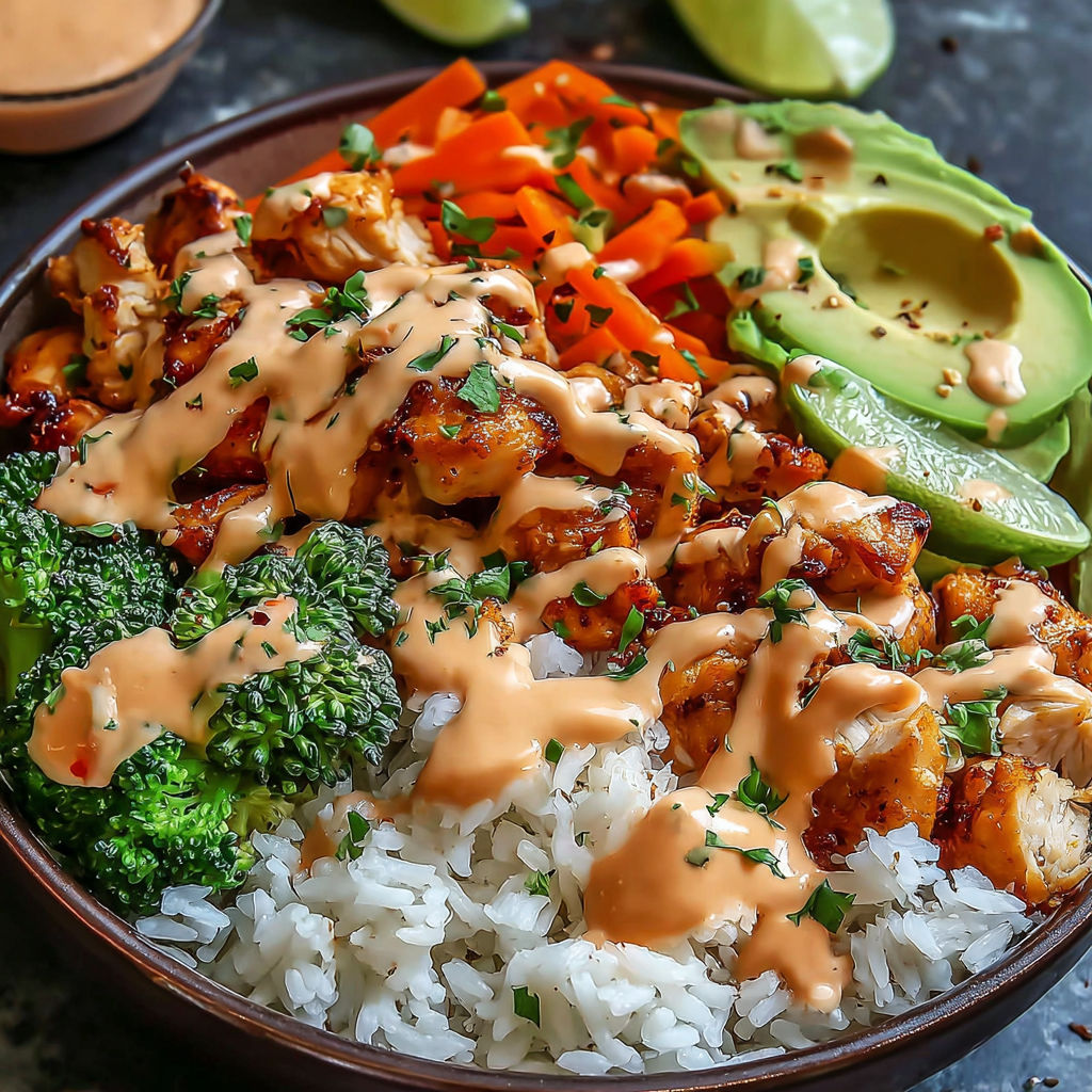A bowl of food with chicken, rice, and vegetables.