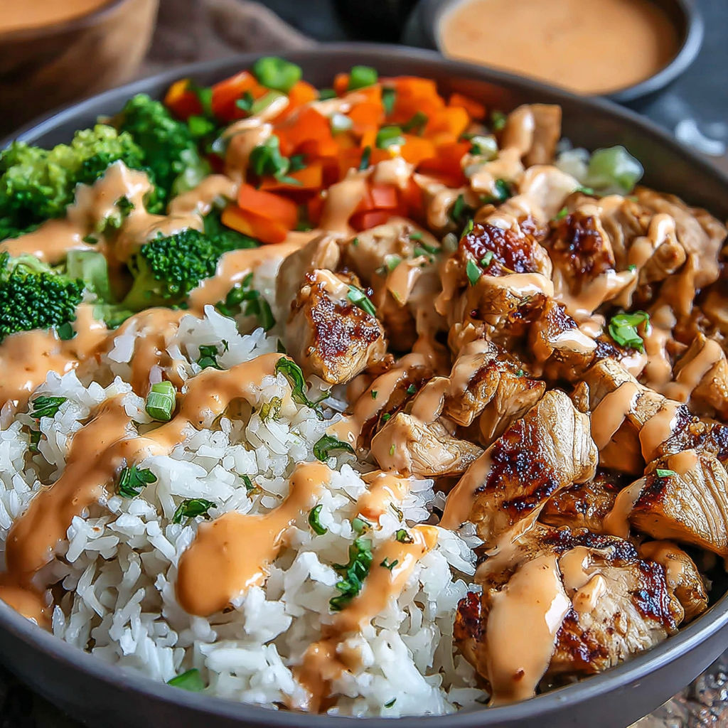 A bowl of food with rice, broccoli, carrots, and chicken.