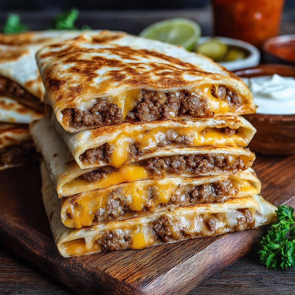 A stack of quesadillas on a wooden cutting board.