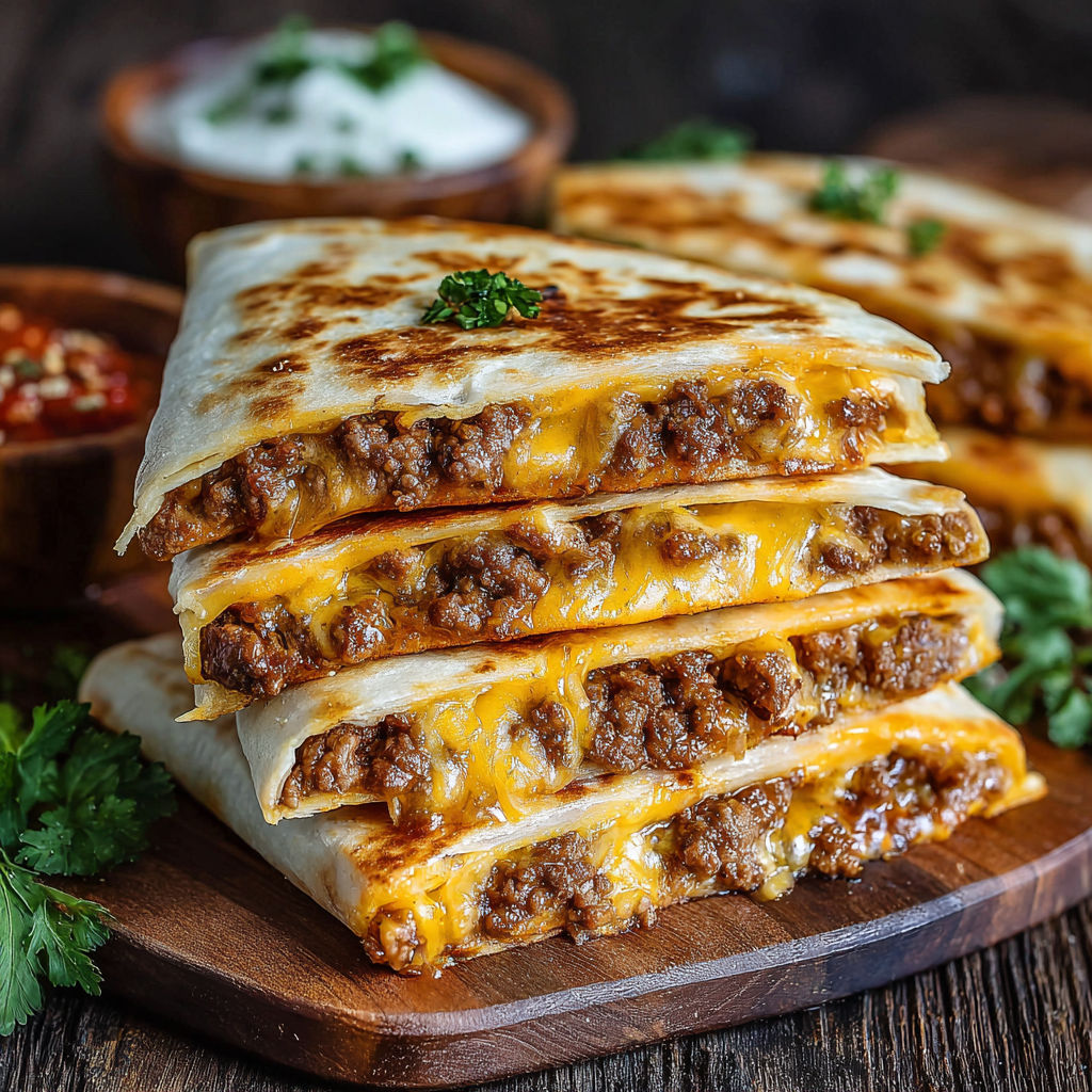 A stack of quesadillas with cheese and meat.