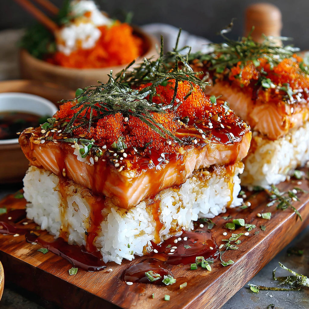 A plate of sushi with salmon and rice.