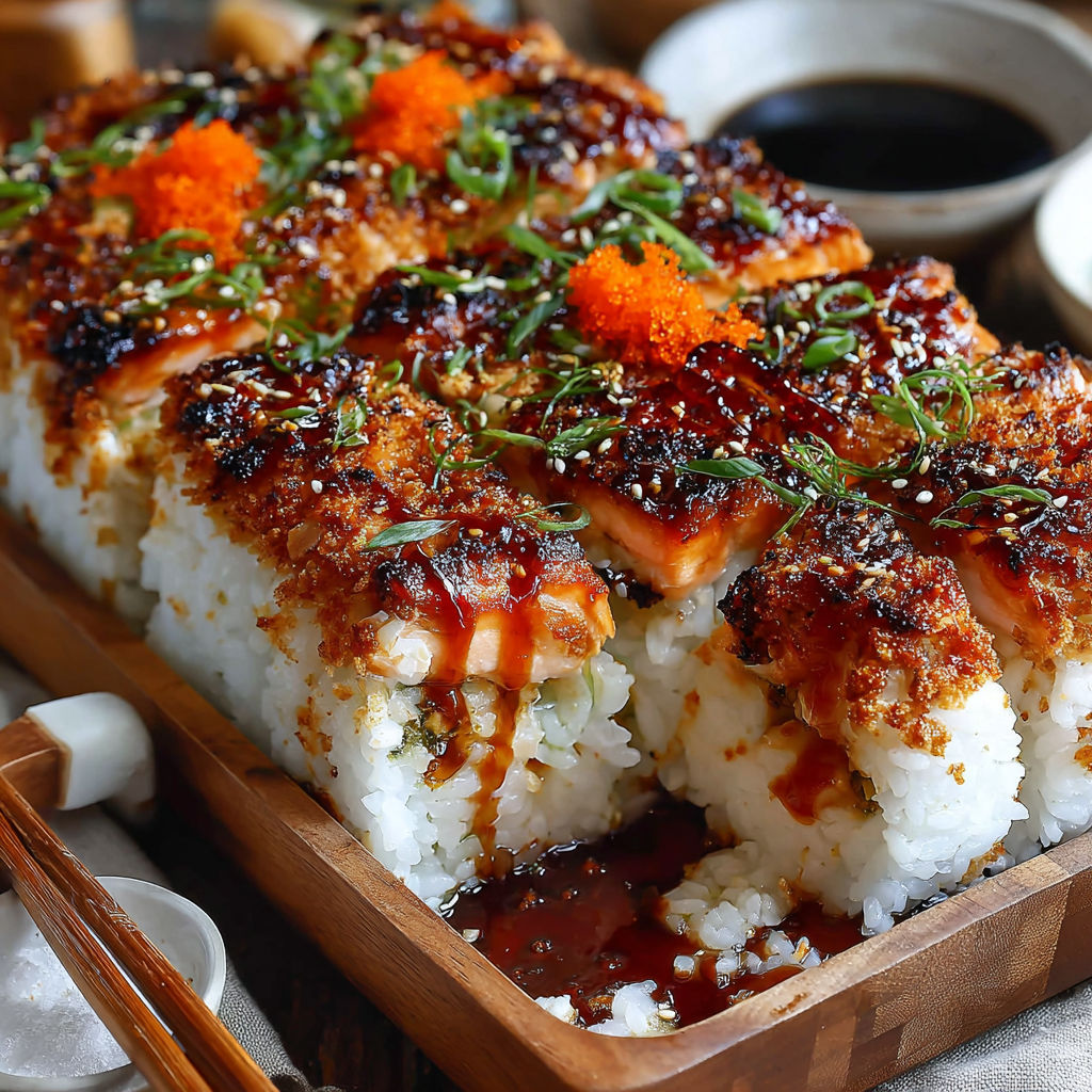 A dish of sushi with a spicy salmon bake.