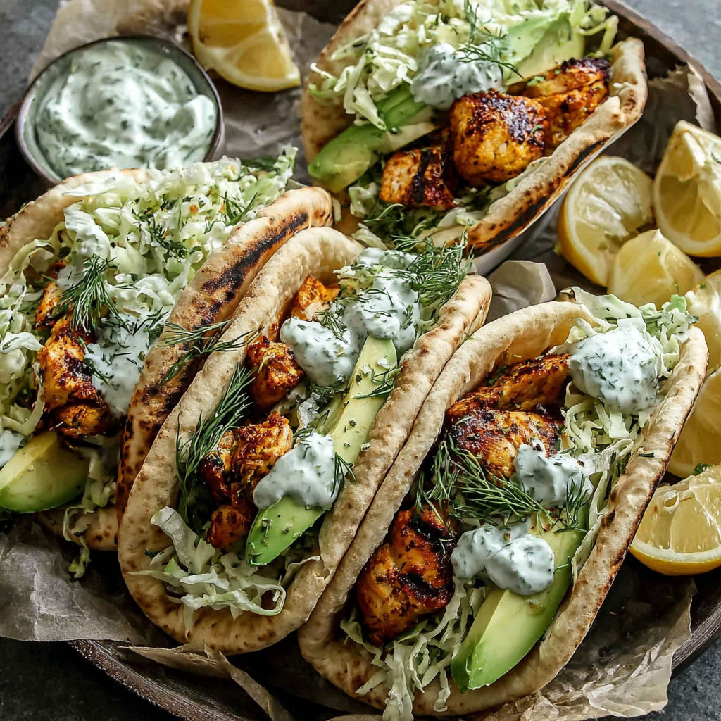 A tray of chicken pita sandwiches with avocado and herbs.