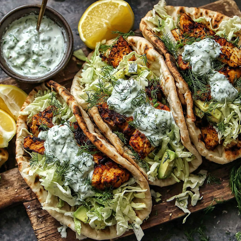 Two chicken pita sandwiches with herby ranch.