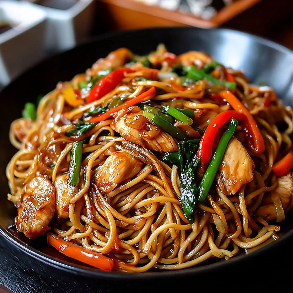 A plate of noodles with vegetables and meat.