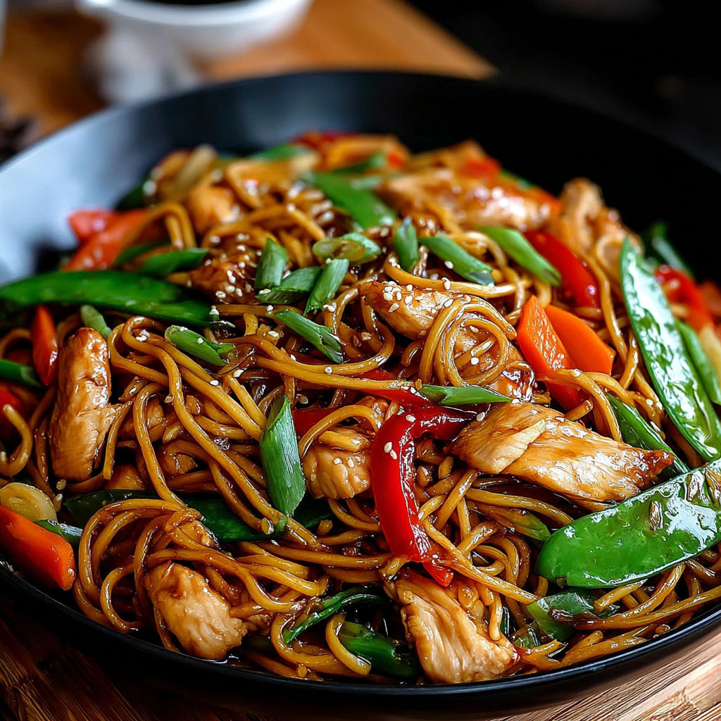 A plate of noodles with chicken and vegetables.