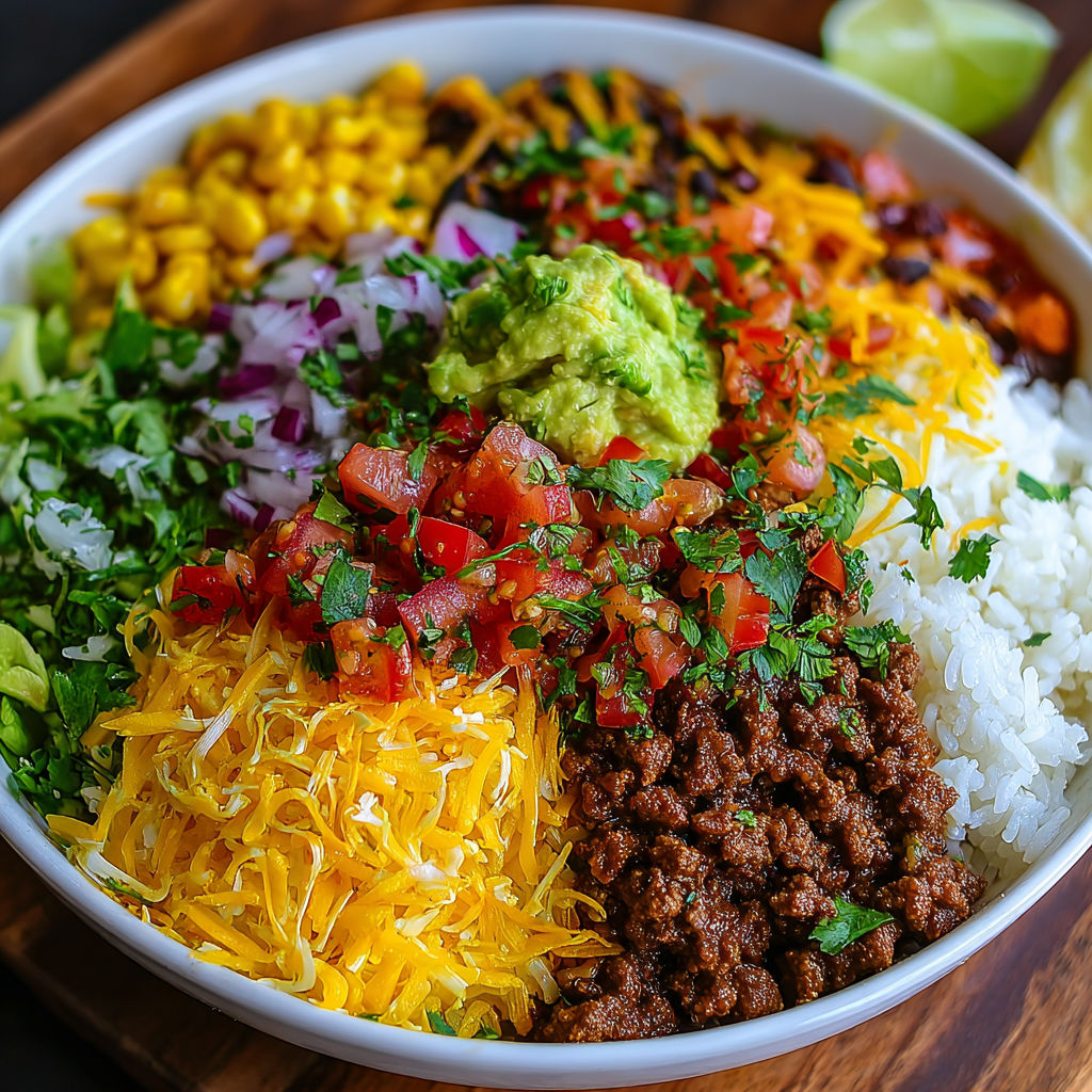 A taco rice bowl with various ingredients.