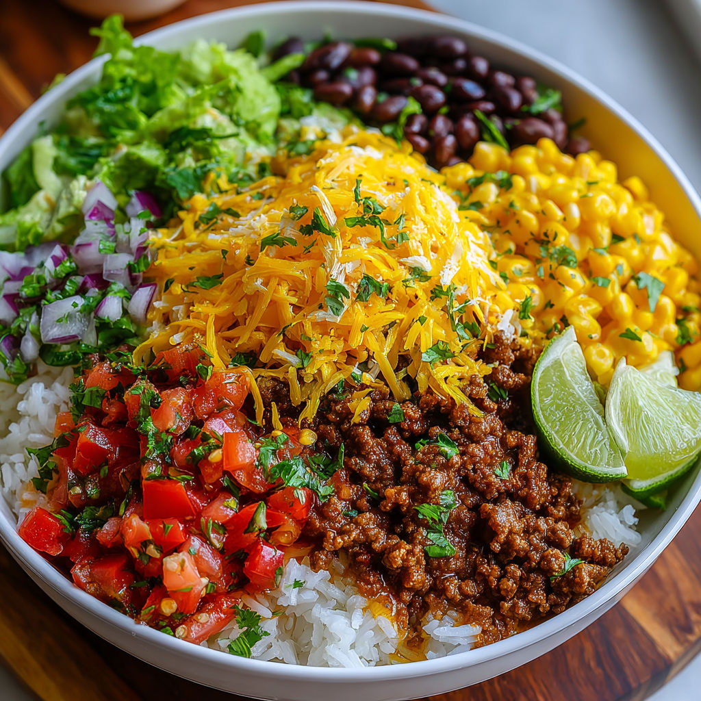 A taco rice bowl with various ingredients.