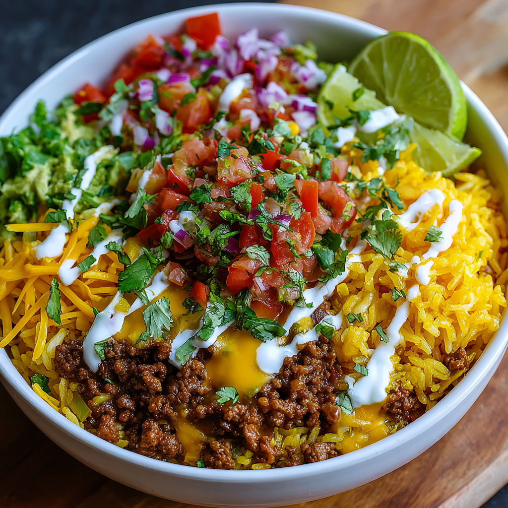 A taco rice bowl with various toppings.