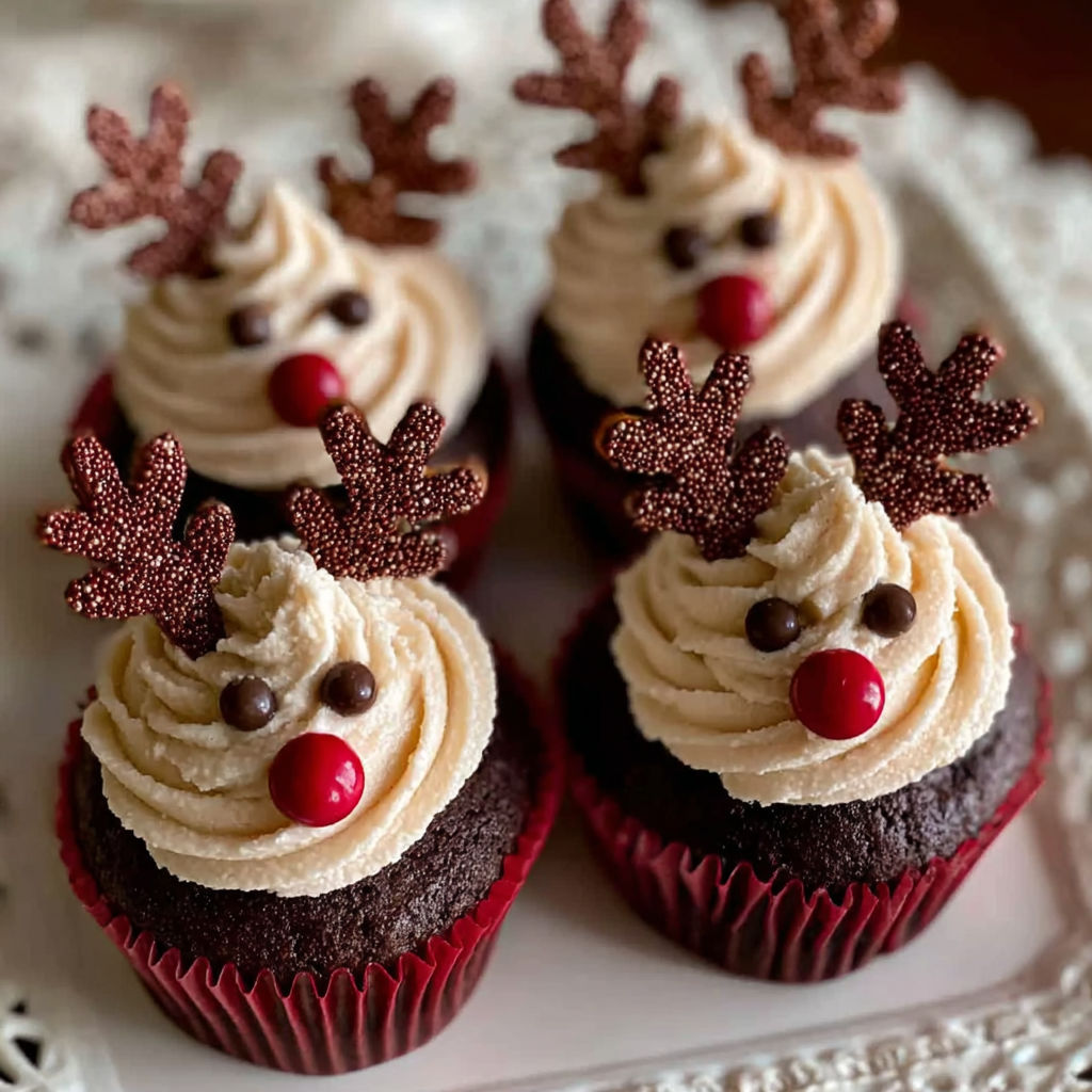 Three cupcakes with reindeer decorations.