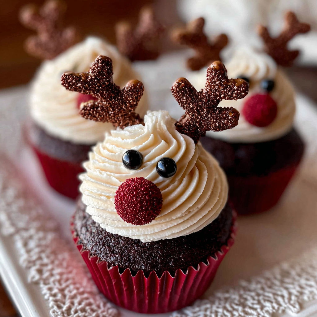 Three cupcakes with reindeer decorations.