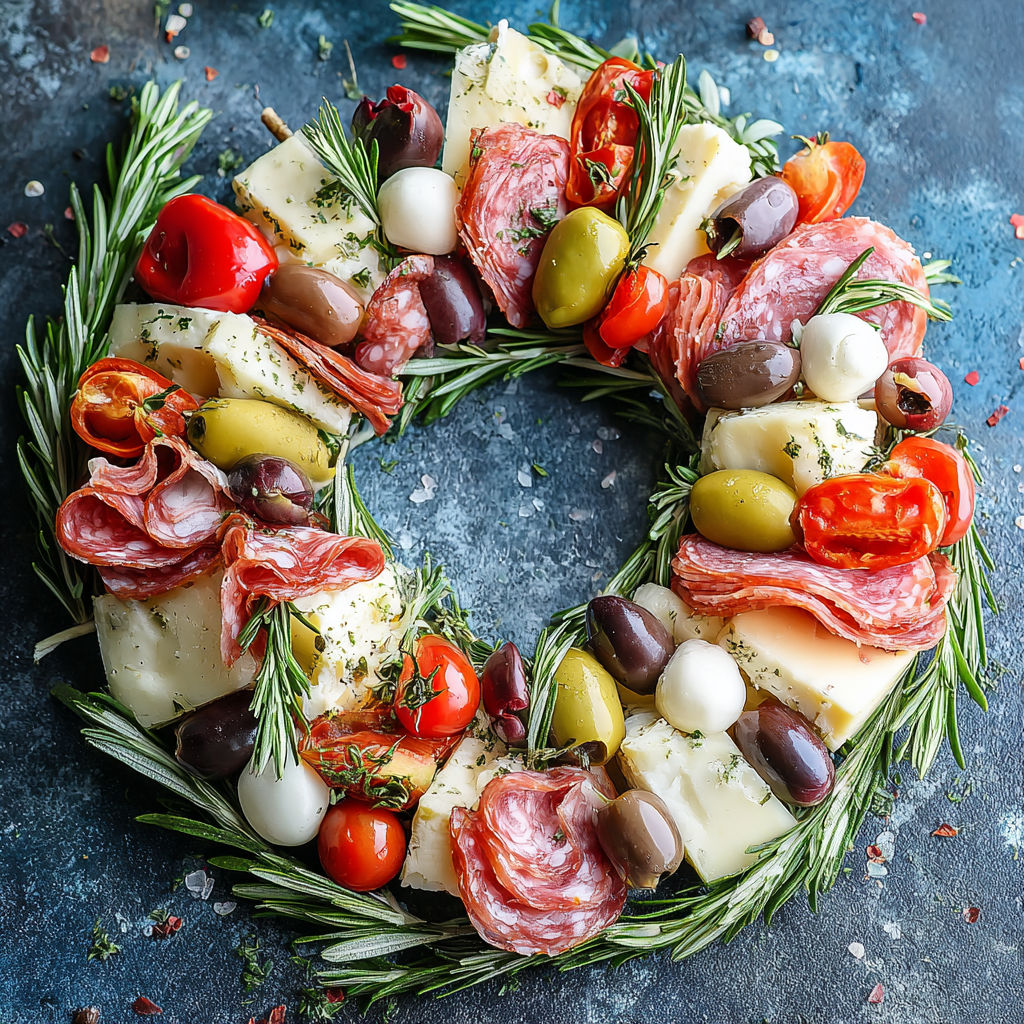 A charcuterie wreath made of cheese, olives, tomatoes, and ham.